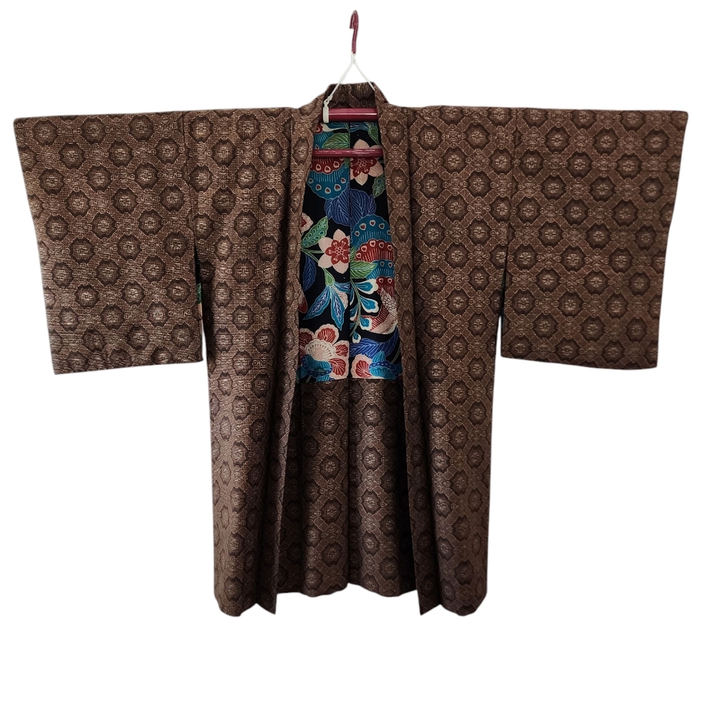 Vintage kimono silk hand stitched haori jacket brown floral lining -K11 - Picture 15 of 16